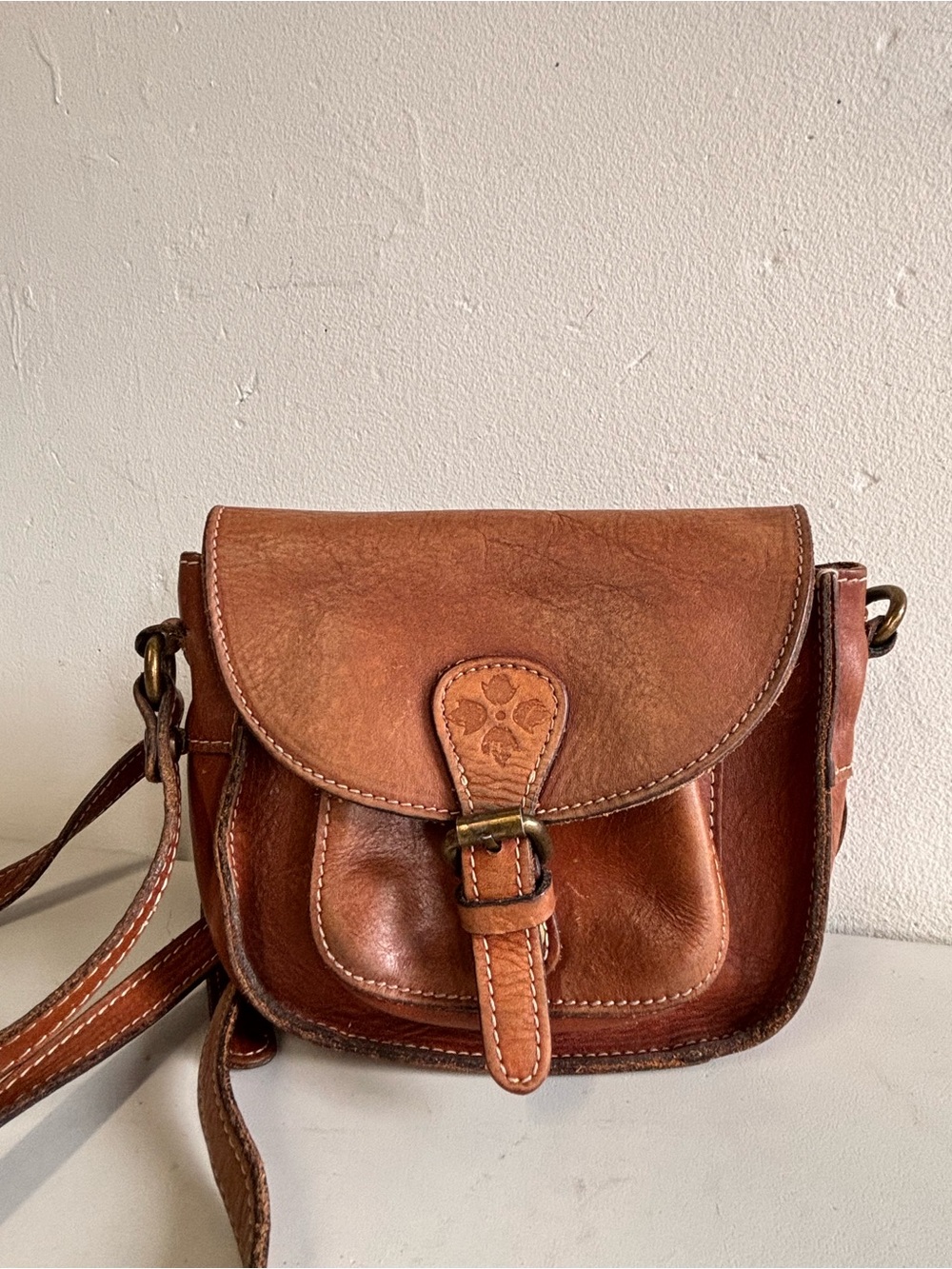 Patricia Nash Chestnut Brown Leather Crossbody with Front Buckle